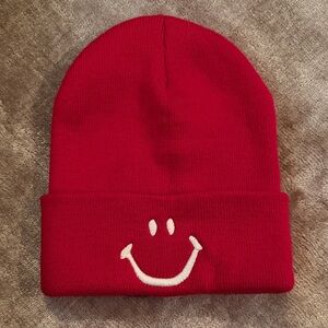 Cheerful Red Kids Beanie with Smiley Face
